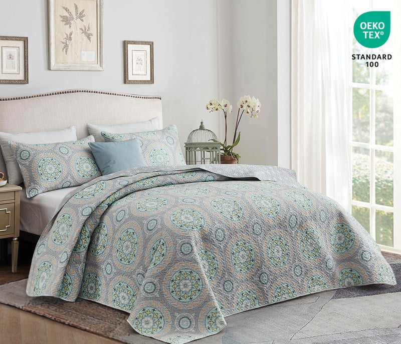 CHIXIN Boho Quilt King Size - Bohemian Chic Medallion Design - Lightweight Bedspread Coverlet Set, Ultrasonic Quilting Mandala Bedding Cover for All Season, 3 Piece, Aqua Blue - Image 3